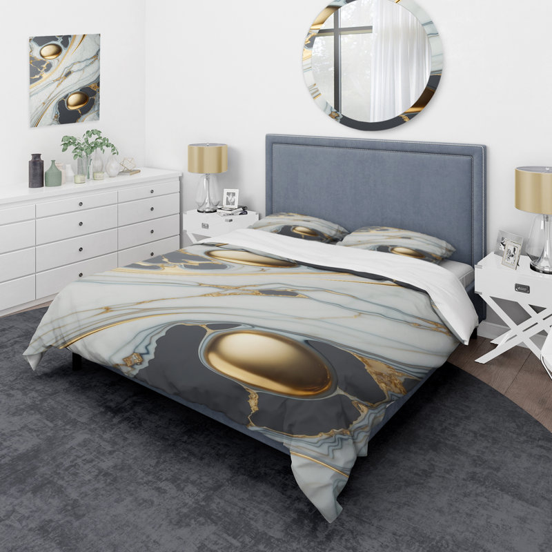 Ensemble de housse de couette en microfibre / polyester Abstract Geode Gold and White Marble IV