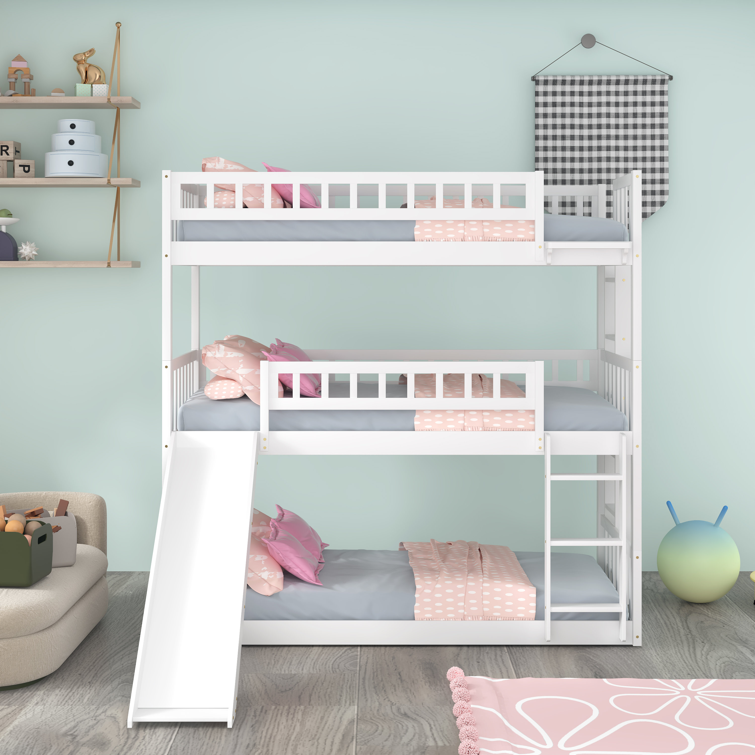 Harriet Bee Fleurizard Kids Twin Over Twin Over Twin Bunk Bed | Wayfair