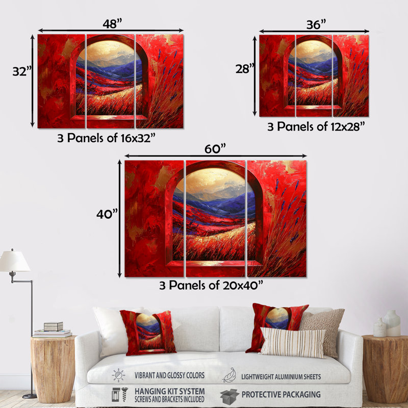 «Red Summer Meadow», ensemble d'art mural prairie, H 28 po x l 36 po x P 1 po, Métal métal