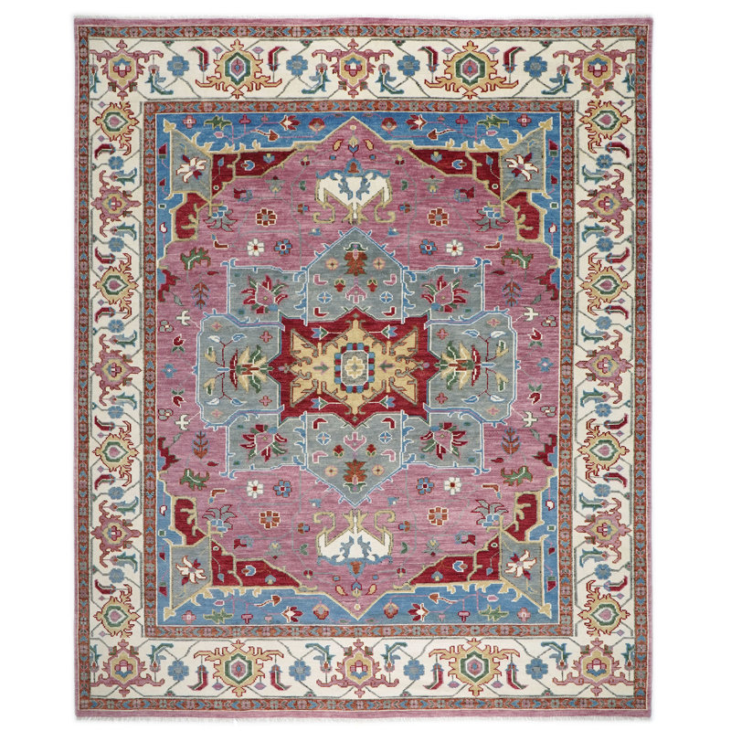 Tapis rose en laine noué à la main 12 pi 2 po x 15 po