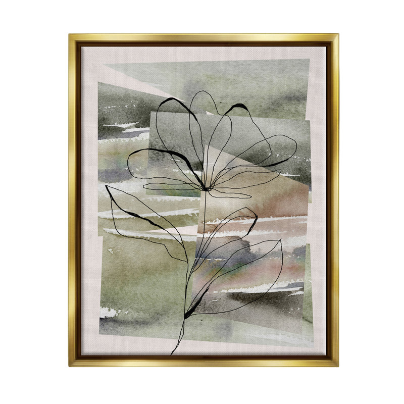 Contour de fleur sur fond vert sur toile, Cadre flottant métallique doré, H 21 po x l 17 po