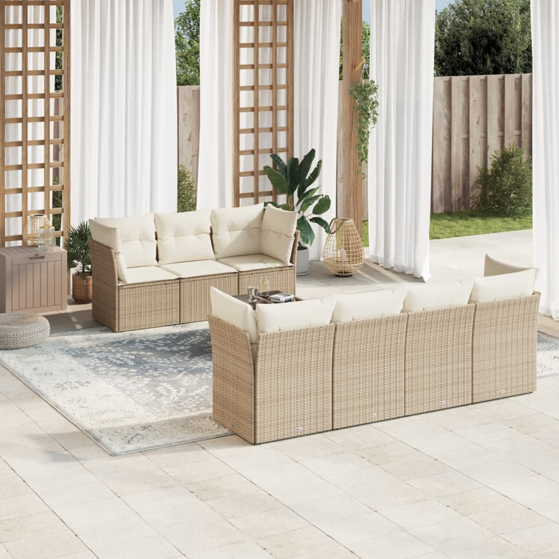 Ensemble de canapé de jardin Vidaxl PE Rotin, acier, verre trempé, polyester