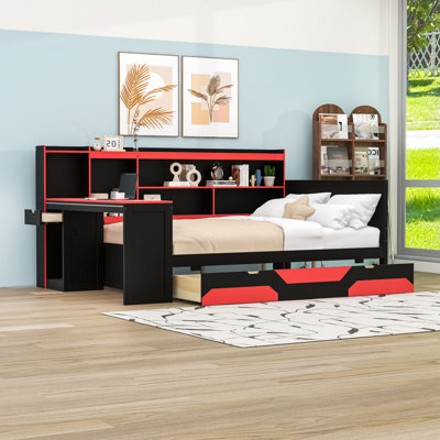 Lit de jour en bois avec bureau et tiroirs, tablettes