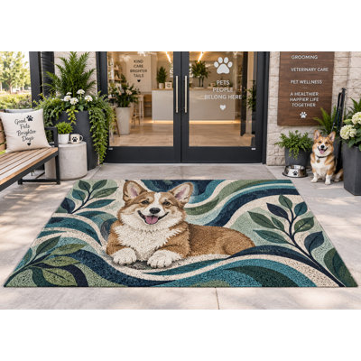 5' x 7' Outdoor Area Rug Corgi Botanical Waves Heavyweight Solid Waterproof PVC Coil Loop Carpet, Patio Rug, Quick Dry Outdoor Mat for Large Doormat Porch Deck Entryway Pet Supply & Grooming Salons 