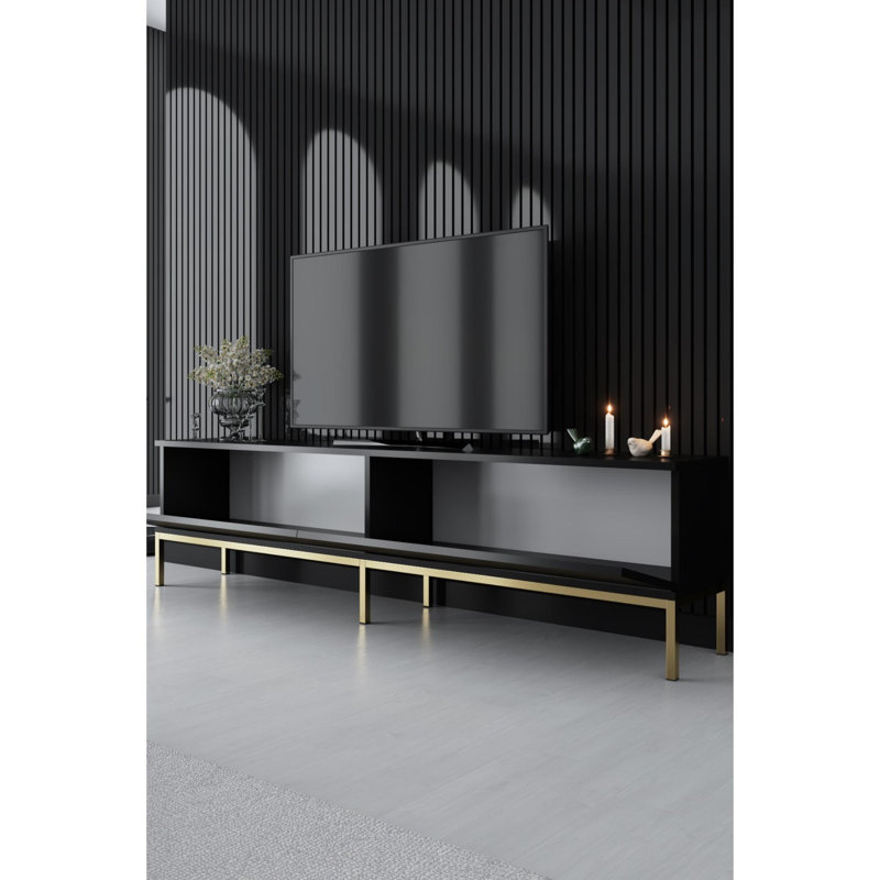 Meuble télé moderne avec pieds en métal, finition noire et dorée, 70,9 po x 18,5 po x 11,8 po | 100% panneau de particules enduit de mélamine, épaisseur: 0,7 pouce | Design glamour pour le salon et les espaces de divertissement, robuste et élégant