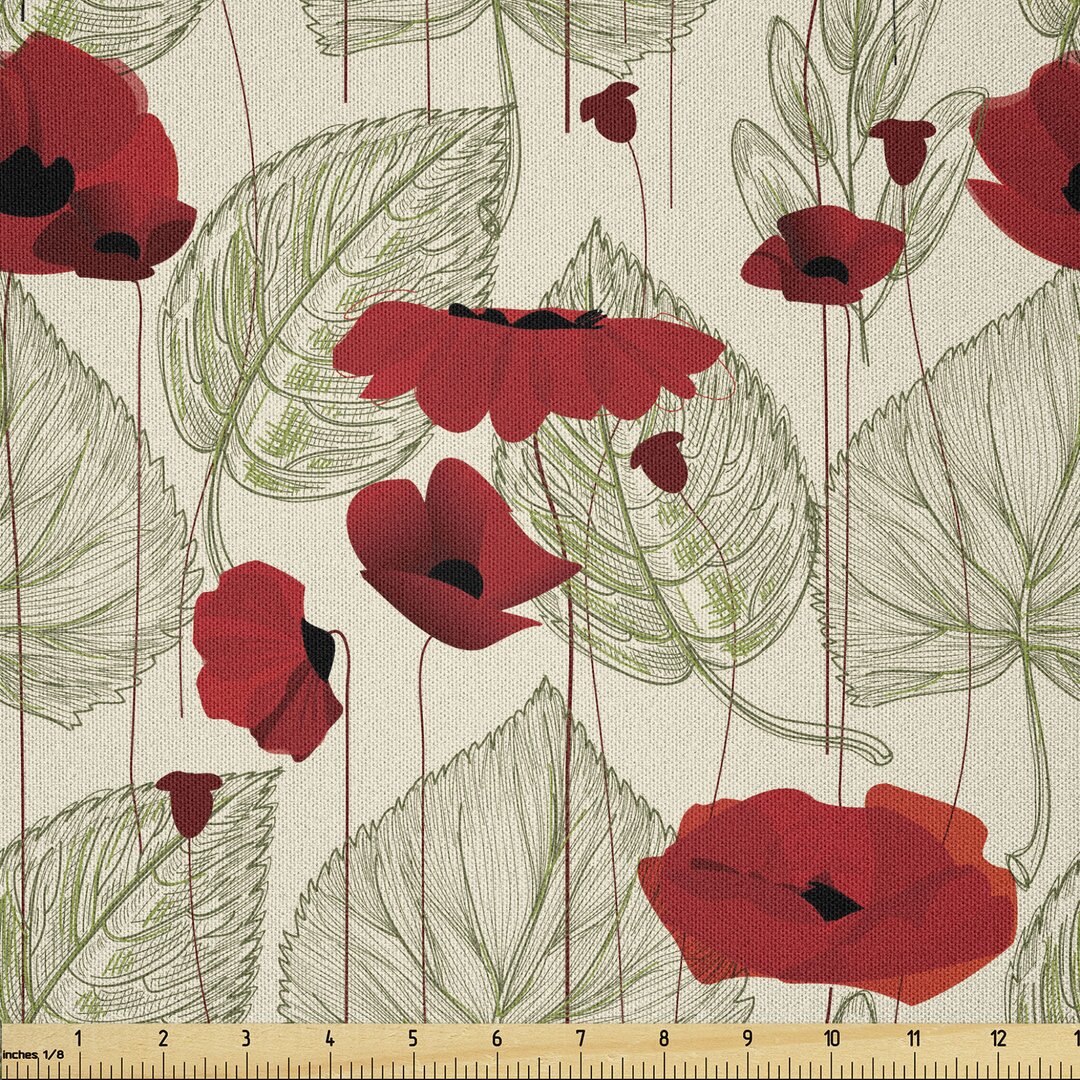 Stoff als Meterware, Sketch Blätter Rural Flora, Mohn, Farngrün Scharlachrot Beige