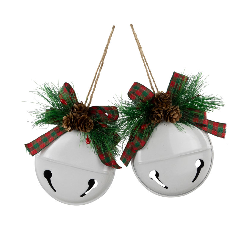 Jingle Bells With Bow And Pinecones Christmas Disc Ornaments - 5" - Set Of 2, White