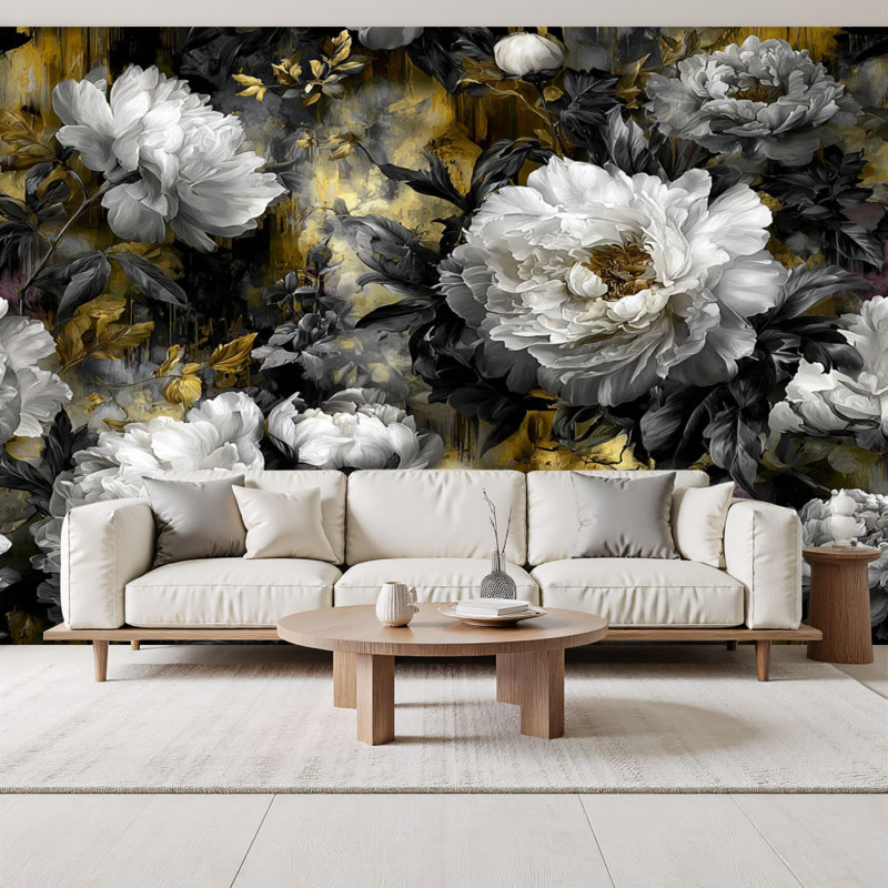 Papier peint adhésif décoratif noir et blanc Boho, L 96 po x l 69 po