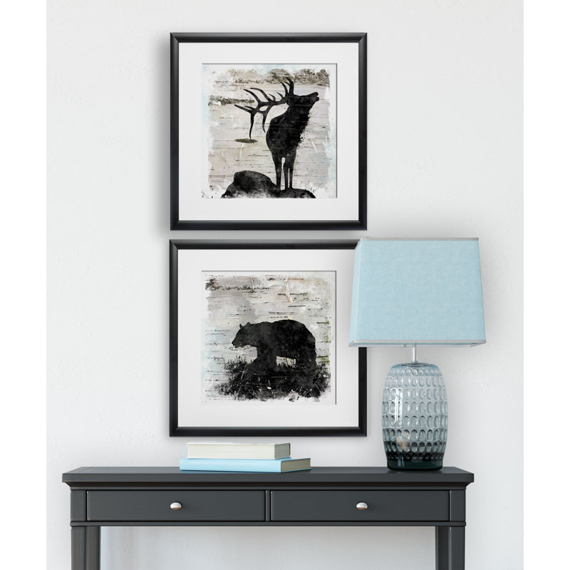 « birchbark elk & bear », ensemble de 2 reproductions d’art encadrées, Cadre noir