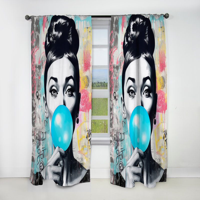 Audrey Hepburn Blue Bubble Gum - Celebrity Blackout Abstract Curtain - 1 Panel, 52" W x 84" L