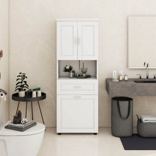 Tall Bathroom Cabinet With Laundry Basket, Adjustable Shelves