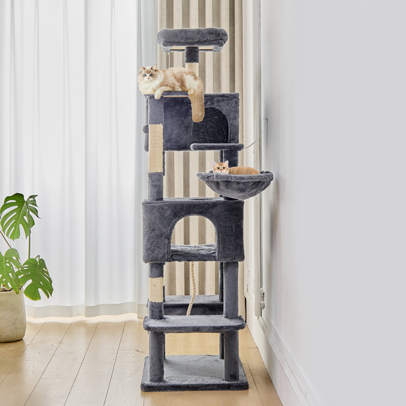 Arbre à chat H 66 po avec perchoir, condo, hamac, panier et poteau à griffes, Gris