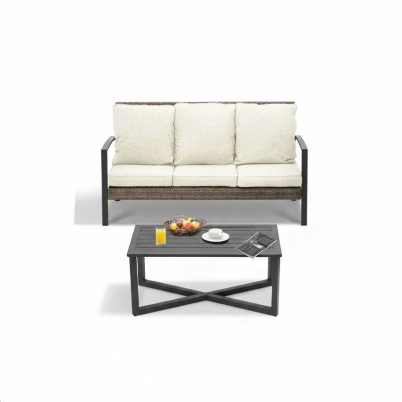 2-Piece Wicker Patio Conversation Set with Cushions & Coffee Table, Beige