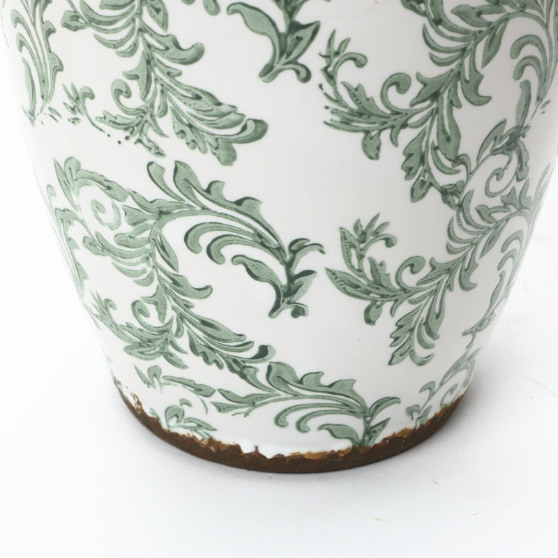 Green Floral Wide-Mouth Ceramic Vase, 7.28" Round Indoor Home Decor
