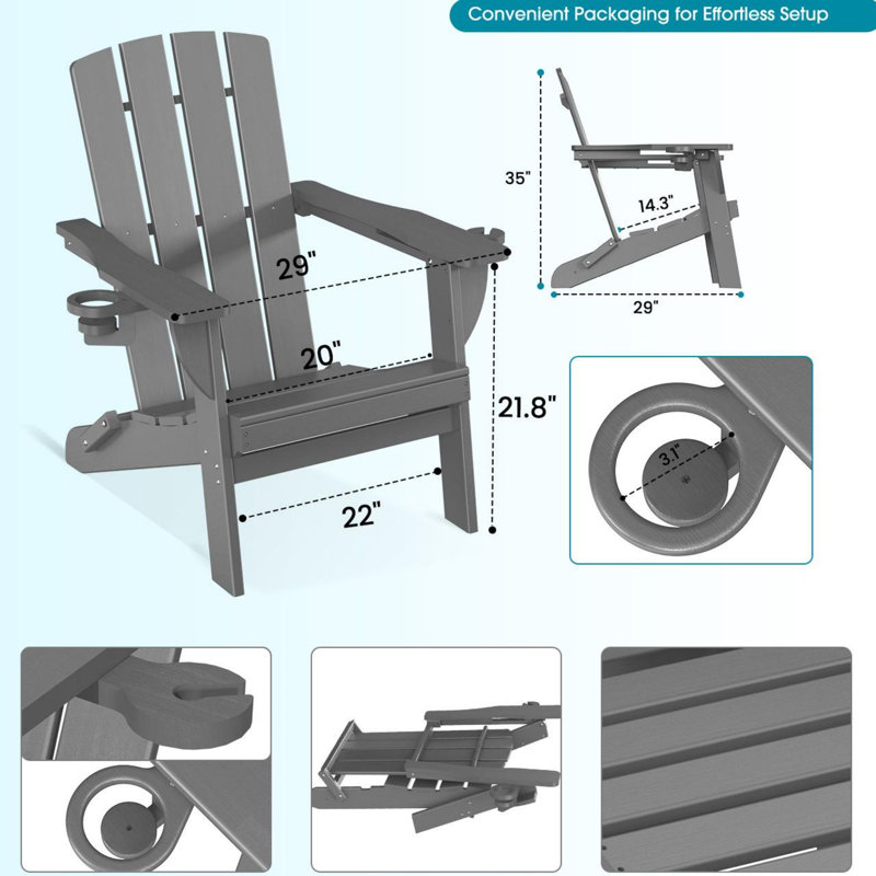 HDPE Folding Adirondack Chair With Cup Holder, Gray