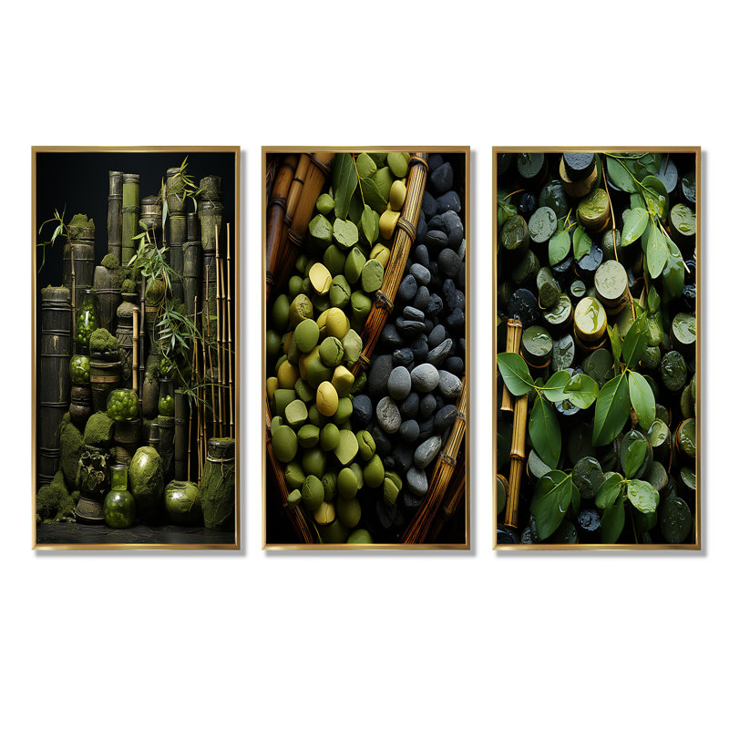 Tranquil Greenery Bamboo Oasis I - Ensemble de 3 reproductions d'art sur toile en bambou, Cadre flottant doré