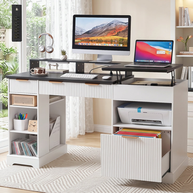 Grand bureau de direction moderne cannelé de 55,11 po avec rangement pour dossiers, bureau à domicile en bois avec station de charge, bureau d'ordinateur à 3 tiroirs, bureau d'écriture à DEL avec support pour écran, cadeau