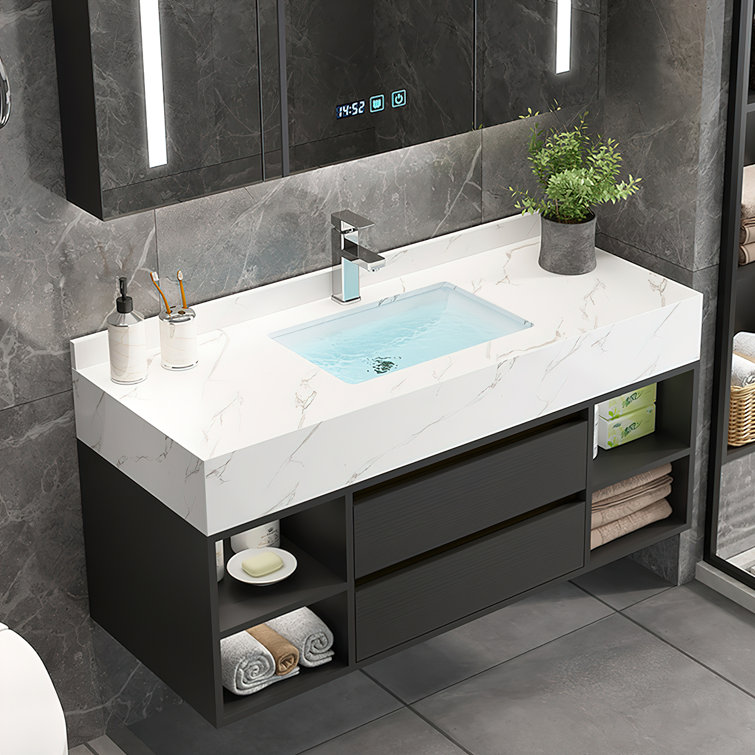 Modern 39 Floating Black Bathroom Vanity Stone Top Wall Mounted Bathroom  Cabinet