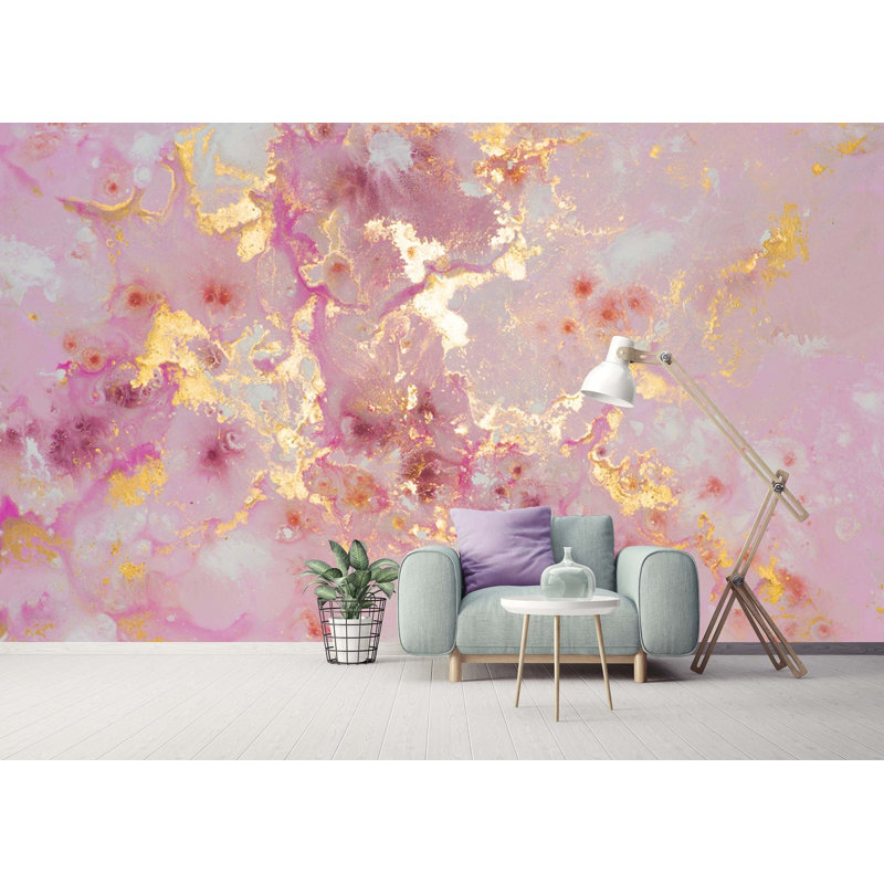 Modern Painting Design Abstract Pink And Gold Look Removable Wallpaper, 114" L x 204" W