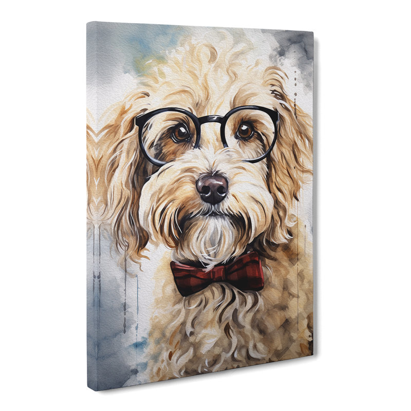 Labradoodle With Glasses Painting - Wrapped Canvas