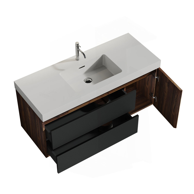 Meuble-lavabo mural de 48 po avec lavabo à surface solide brillante et tiroirs noirs doux, meuble-lavabo mural flottant pour salle de bain moderne, sans drain ni robinet