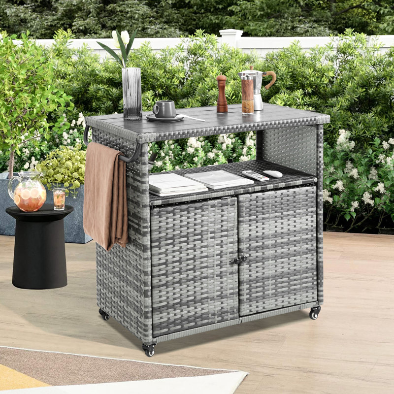 Table de service de bar d'extérieur avec plateau en verre et design - Plateau de chariot à roulettes brun pour le jardin, le porche, l'arrière-cour brun, pratique