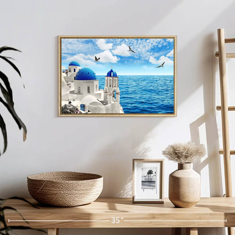 Île de Santorin, 19 po x 13 po, Cadre flottant en bois naturel