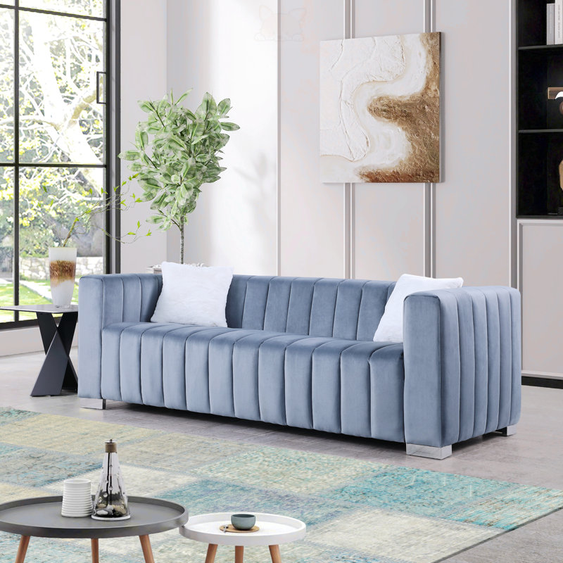 Clifford 62.6" Velvet Square Arm Loveseat, Blue, Silver, 27.56" H x 62.6" W x 33.86" D