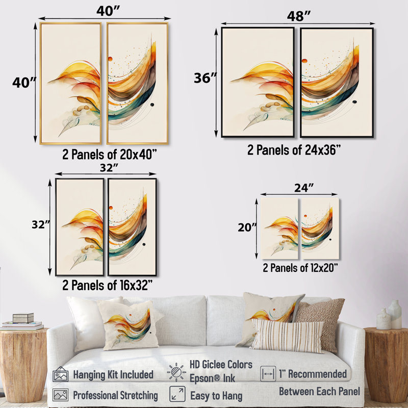 «Burnt Orange Waves Abstract II - Abstract Minimalisme», art mural sur toile 2 pièces, 32" H x 32" W, White