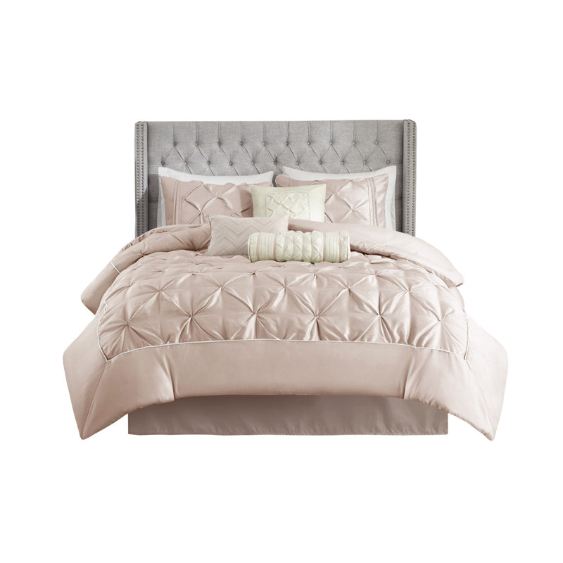 Ensemble d'édredon touffeté 7 pièces, ensemble de literie double rosé avec coussins décoratifs - Conception touffetée élégante et bourre en polyester hypoallergénique