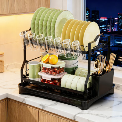 2-Tier Dish Drying Rack With Drainboard, Space-Saving Kitchen Counter Organizer, Large Capacity Dish Rack For Efficient Drying And Storage, Rust-Resistant And Screw-Free Mounting Design