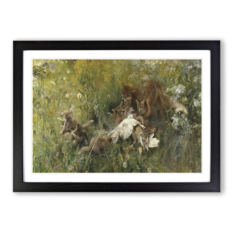 A Fox Family by Bruno Liljefors - Picture Frame Painting, 36cm H x 48cm W x 2cm D, Black Framed