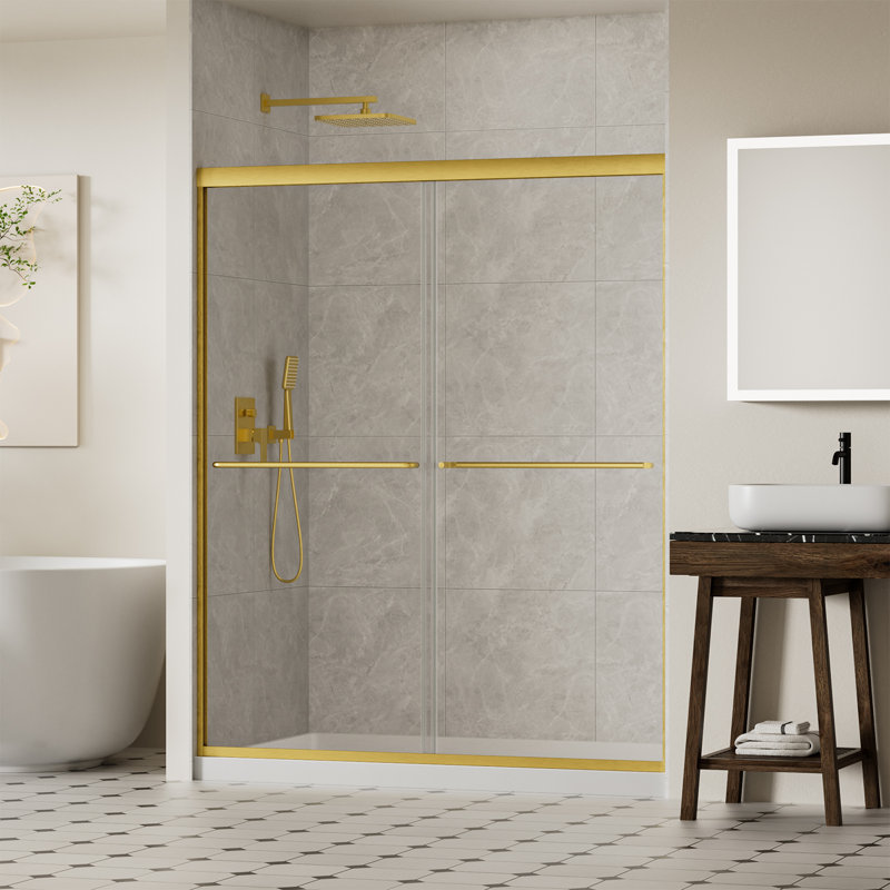 56-60" W x 70" H Semi-Frameless Shower Door, Double Sliding Shower Door, Brushed Gold