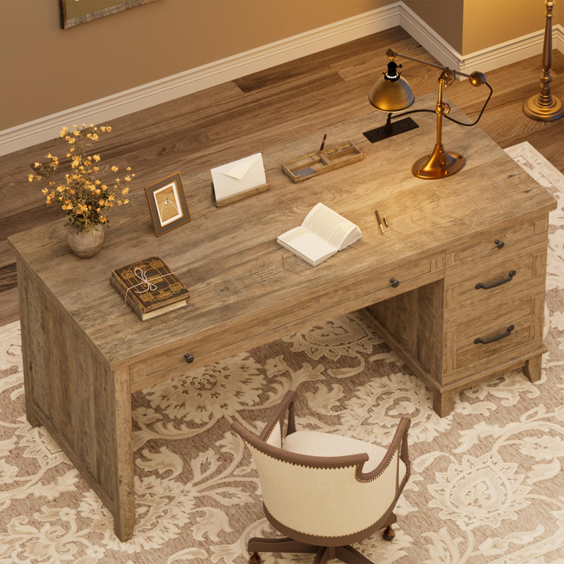 53.5" Farmhouse Executive Office Desk with Power Outlets and USB Ports, Wooden Writing Table with Storage Drawers and Adjustable File Cabinet-Gray