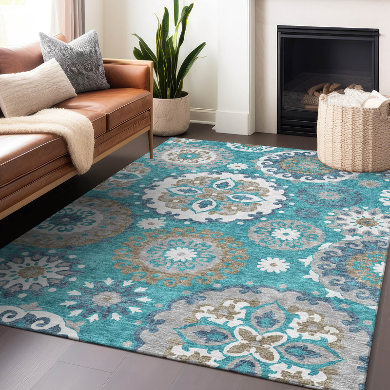 Tapis bleu sarcelle lavable à la machine Premium Prisco, Rectangle 10 pi x 14 pi