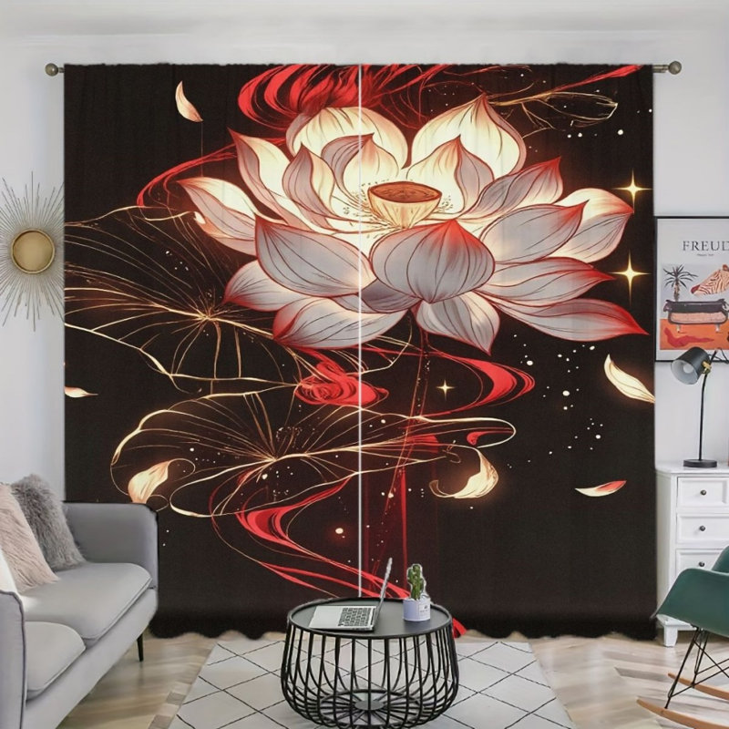2Pcs Japanese Style Lotus Curtains, Elegant Floral Pattern, Rod Pocket Window Drapes, Artistic Aesthetics, Living Room Bedroom Study Window Decor