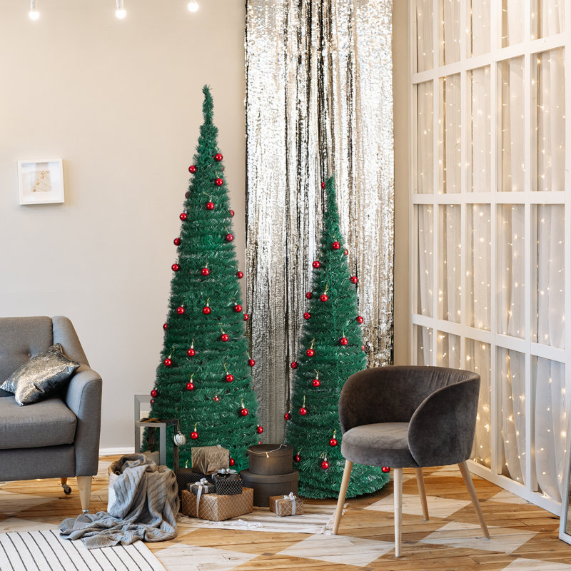 2 arbres de Noël artificiels - arbres verts en PVC de 6 pi et 5 pi avec des boules rouges, idéal pour les décorations des Fêtes à la maison / au bureau / en magasin