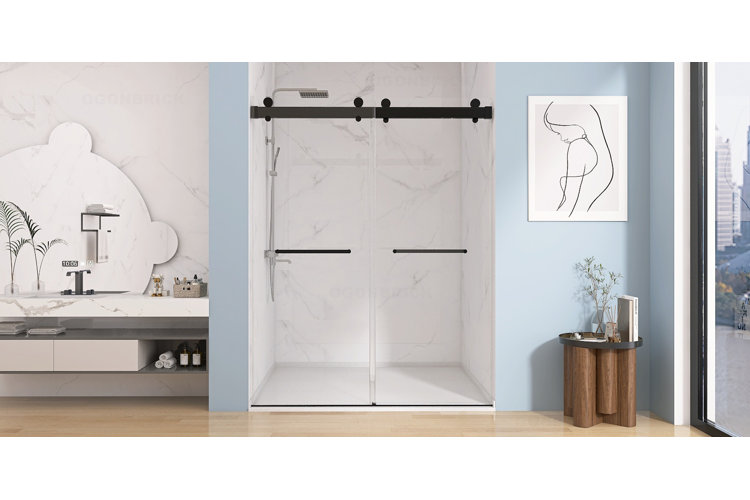 modern bathroom with light blue walls and a frameless shower door in a stand alone shower