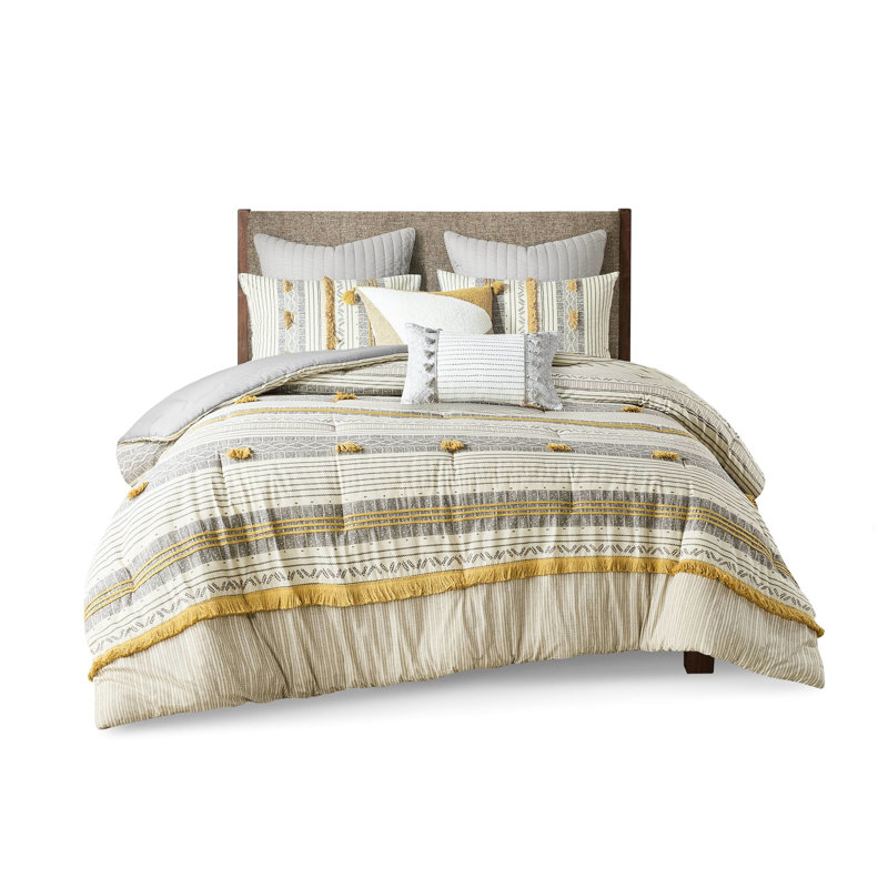 Édredon 3 pièces gris / jaune double / grand, imprimé 100% coton rayé, rembourrage, nuits douillettes pour les lits doubles / grands, avec imprimé et style