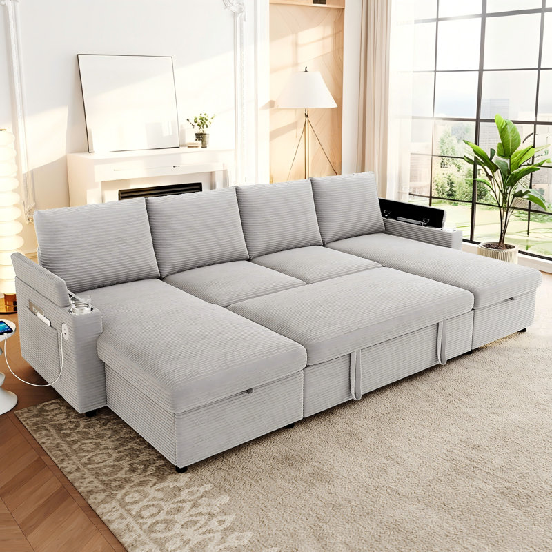 Canapé-lit modulaire de 109,5 po avec lit escamotable, canapé modulaire en U à 5 places en velours côtelé avec 2 chaises longues de rangement, porte-gobelets et ports USB