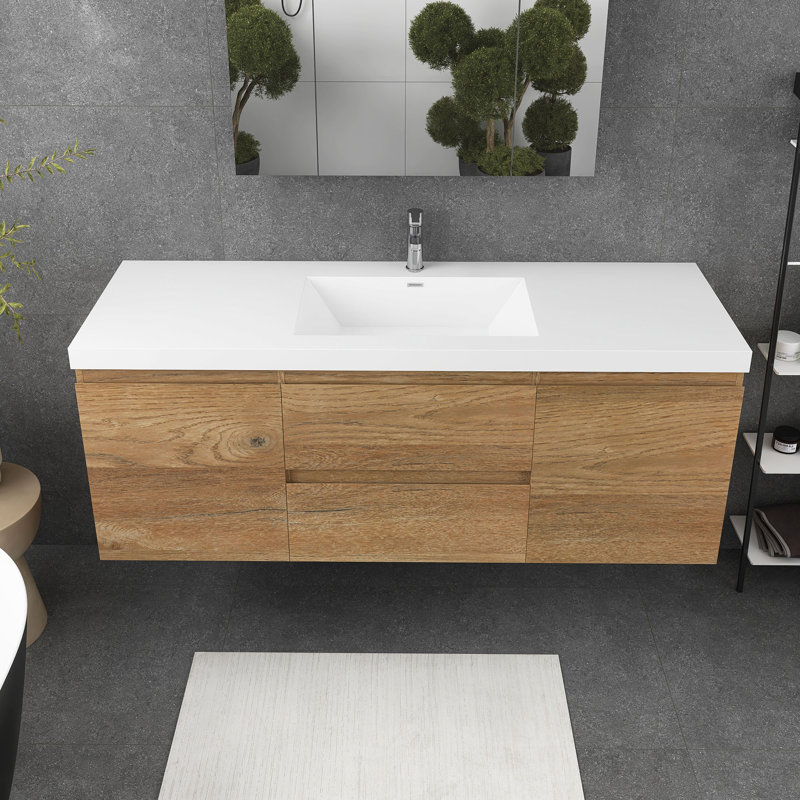 Meuble-lavabo mural simple 60 po avec plateau en résine Birkhild, Chêne clair