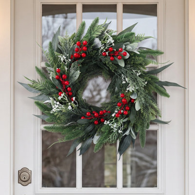 19.69" Artificial Cedar & Lamb’s Ear Christmas Wreath, Front Door Wreath with Red Berries for Farmhouse Indoor & Outdoor Holiday Home Decor