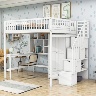 Lit mezzanine 1 tiroir en bois avec bureau intégré, tablettes et armoire Idalina