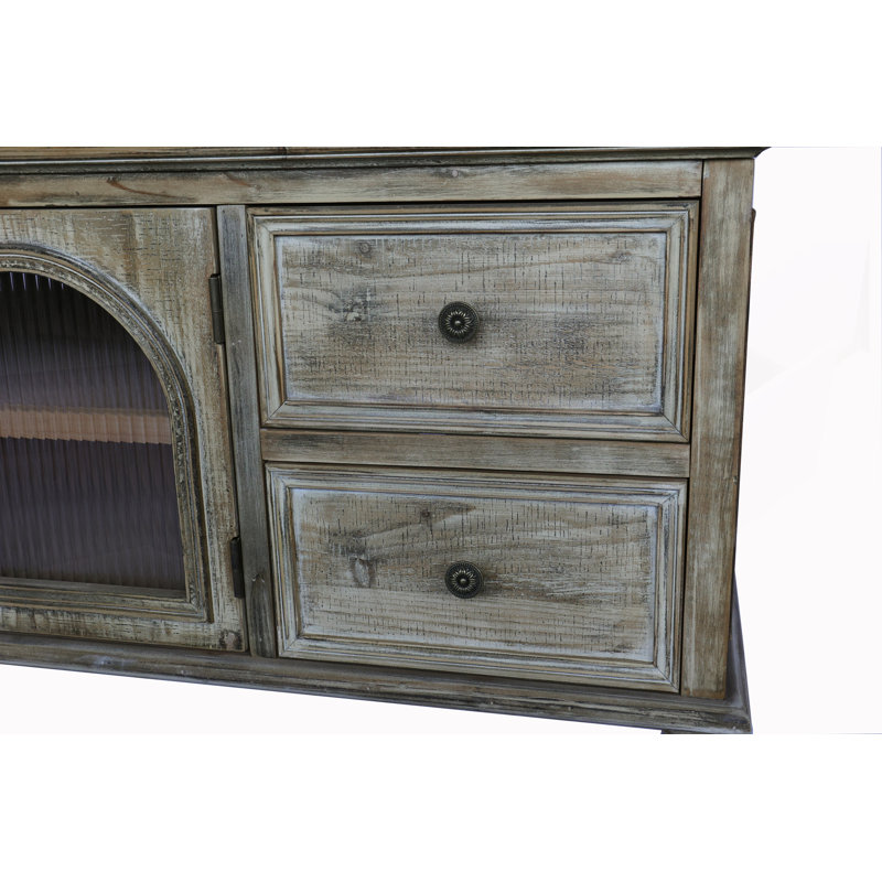 Meuble télé rustique avec 4 tiroirs et 2 portes en verre, console multimédia en bois vieilli pour un rangement et un style polyvalents