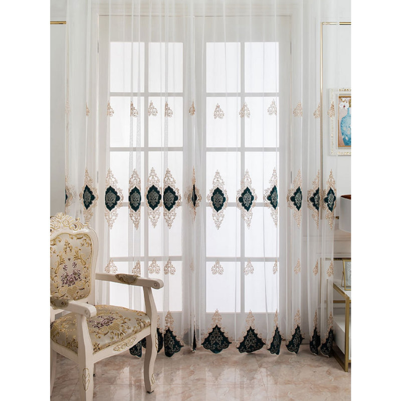 Elegant Rod Pocket Voile Curtain, Luxury Teal & Gold Floral Embroidery, Light Filtering Sheer for Home Decor, 84
