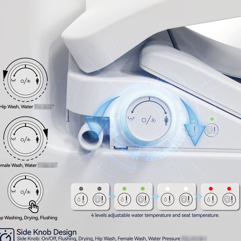 Adjustable Smart Bidet - Water & Seat Heating Adjustable, Automatic Cleaning, White Toilet With Side Knob 3 Levels Heating, Temp Silent