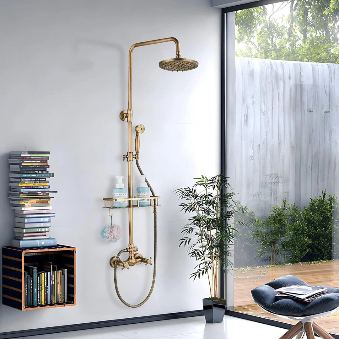 Antique Brass Exposed Bathroom Shower Mixer Twin Head Bar Set Round Valve System