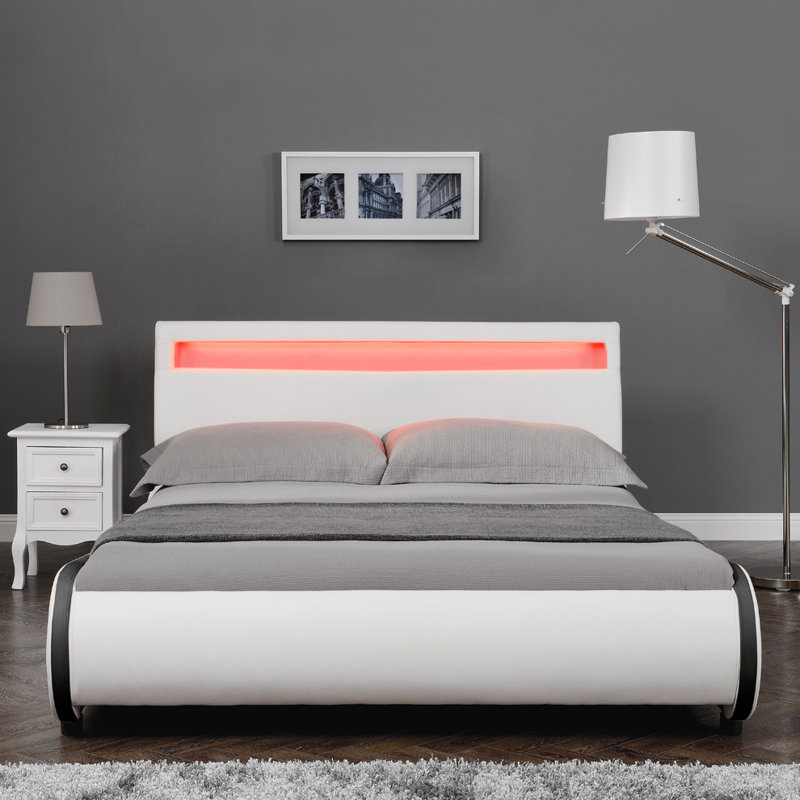 Atropus LED Faux Leather Bed Frame, Small Double (4'), White