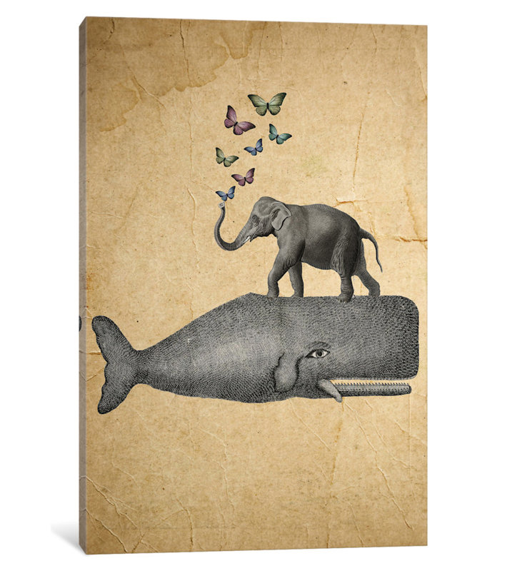 « éléphant on baleine », reproduction d’art sur toile, H 18 po x l 12 po x P 1,5 po, Toile tendue, Pas de tapis