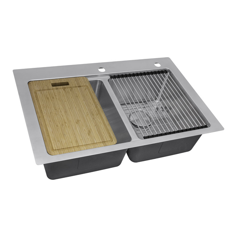 Ruvati 33-inch Drop In Topmount 50/50 Double Bowl Workstation 16 Gauge Stainless Steel Kitchen Sink